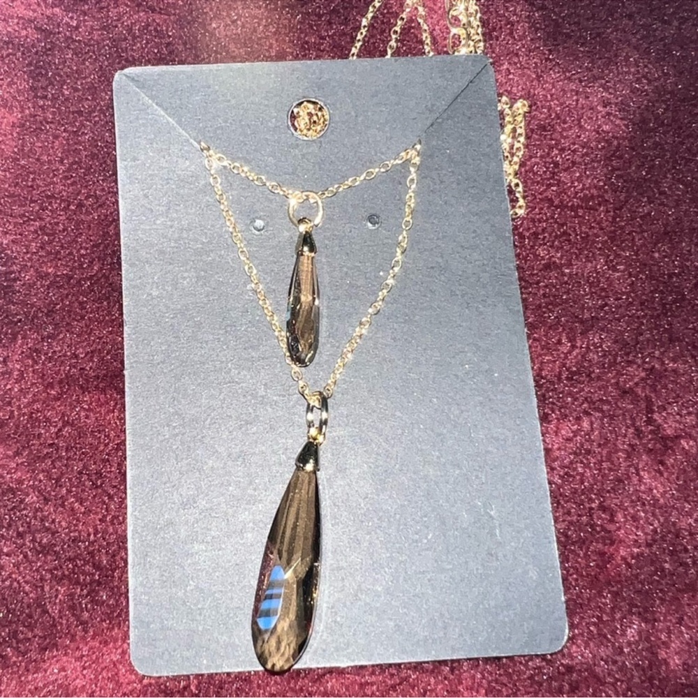 Gold-Tone Layered Necklace with Smoky Teardrop Pendant